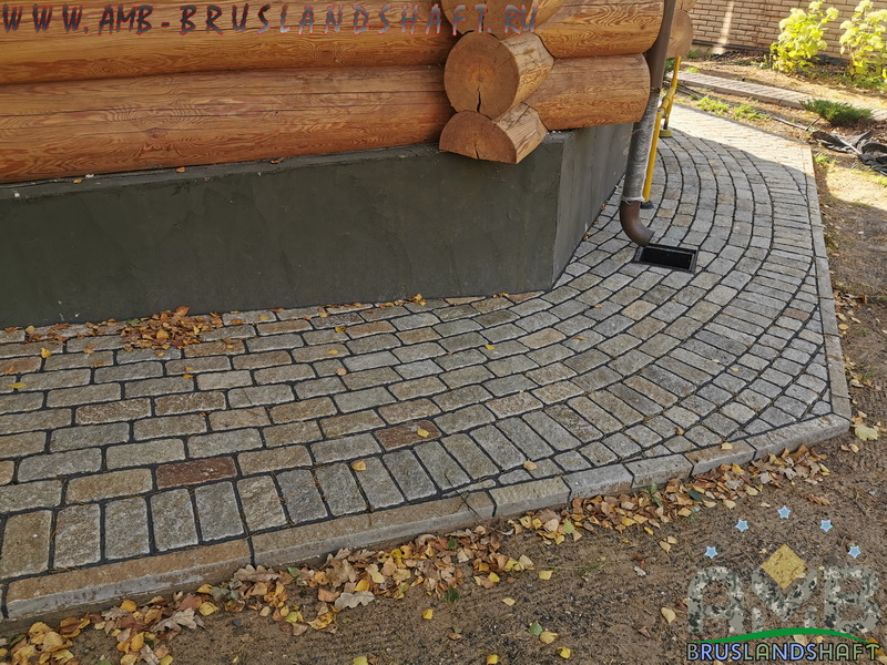 Поворот брусчатки стандартный на углах дома отмостки